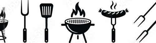 BBQ grill icons barbecue spatula fork picnic fire cooking vector illustration design
