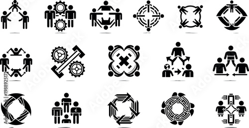 Teamwork collaboration icons set vector illustration with business people network connection leadership and cooperation symbols
