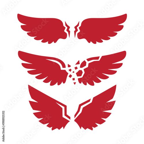 Red wing silhouettes, three pairs on white background, black background, not visible red, wings abstract wings