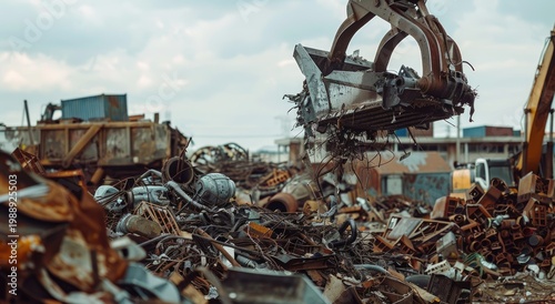 Large claw-like machine grabs scrap metal at junkyard under overcast sky