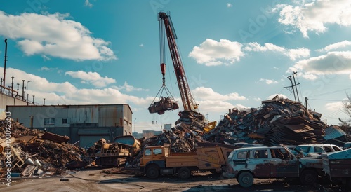 Large crane lifting scrap metal at a junkyard under a cloudy sky