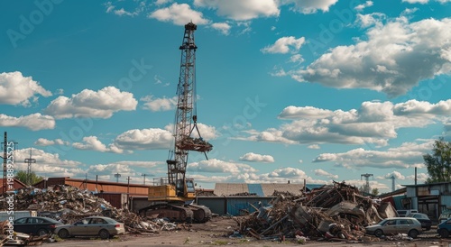 Large construction machinery in an outdoor environment, with piles of refuse and blue skies