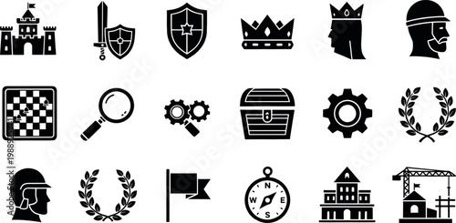 Medieval and strategy icon set featuring castle crown knight chess treasure symbols in modern flat vector style for game design