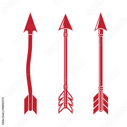 Three red arrows on white background, variations of arrow pointed tips fletching