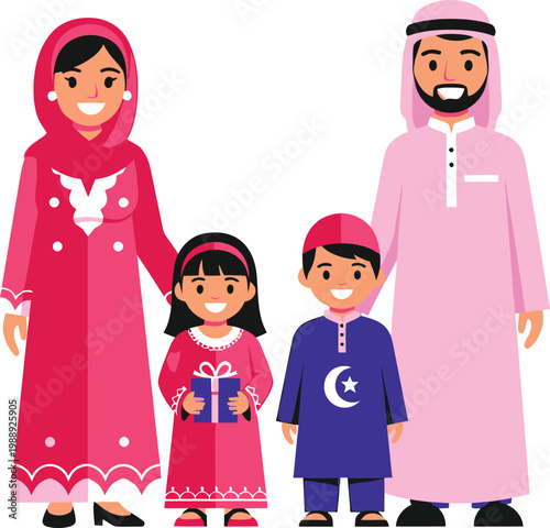 a cartoon family in traditional islamic clothing