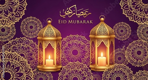 Elegant golden lanterns with candlelight and mandala patterns for traditional Islamic Eid Mubarak festival card design