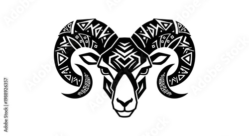 Bold graphic illustration of a ram's head, intricately designed with mesmerizing tribal patterns and geometric motifs, evoking primal strength and ancient symbolic significance