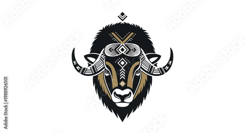 Tribal Buffalo Head Illustration with Geometric Patterns - Indigenous Art Inspired Design