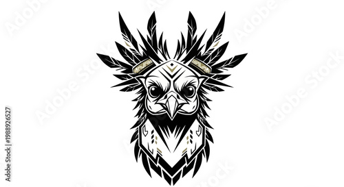 Captivating mystical bird head illustration, adorned with intricate tribal feathers and golden accents, symbolizing a powerful untamed spirit of ancient wisdom