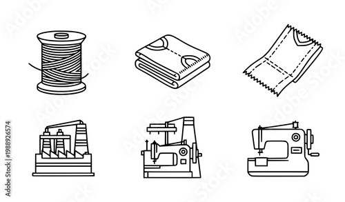 Textile production 15 icon set sewing machine fabric factory outline vector