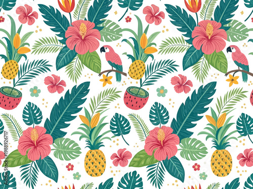 Vibrant Tropical Pattern Vector Illustration with Exotic Flowers, Pineapples, and Parrots