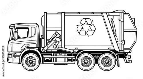 Garbage Truck Side Profile Clean Outline Vector
