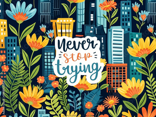 Inspirational Vector Illustration of Urban Cityscape with Blooming Flowers and Motivational Text