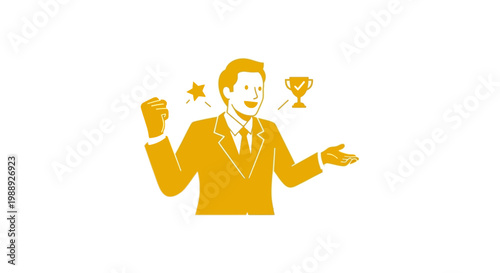 Happy triumphant businessman with fist raised celebrating success award