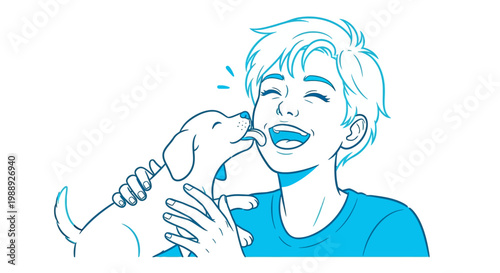 Happy person laughing as dog licks their face