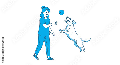 Happy woman playing fetch with dog and blue ball