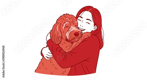 Happy young woman hugging her loving pet dog tightly