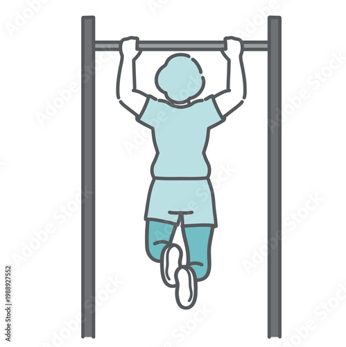 懸垂に挑戦するぽっちゃりシニア女性の後ろ姿のイラスト