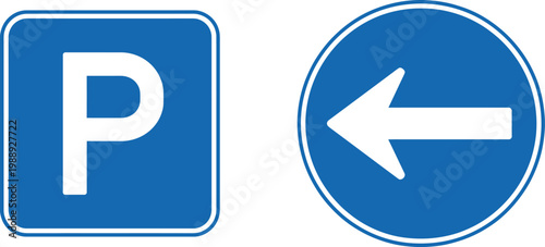 Blue parking sign left arrow direction road symbol set traffic navigation flat vector icons