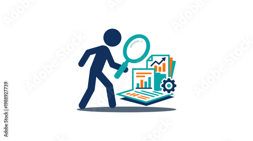 Analyzing Data - Stick Figure Examining Charts and Graphs with Magnifying Glass.