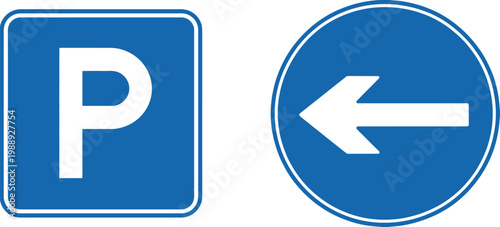 Blue parking sign left arrow direction road symbol set traffic navigation flat vector icons