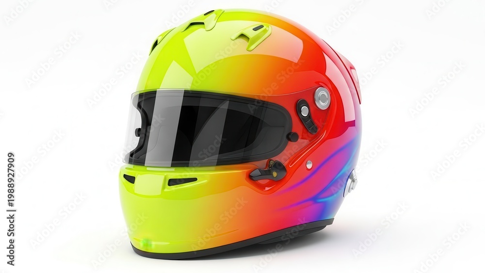 Fototapeta premium Vibrant High-Gloss Racing Helmet Displaying Dynamic Rainbow Gradient on White Backdrop