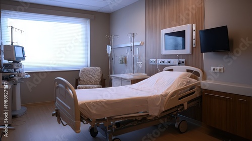 A hospital room with a bed and medical equipment on transparent background