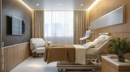 A modern hospital room with a comfortable bed and chair on transparent background