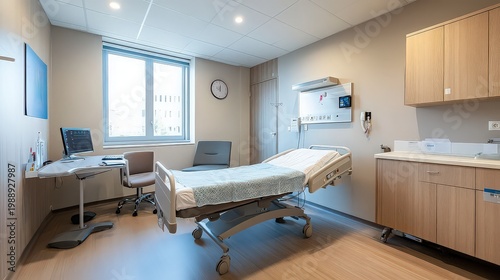 A modern hospital room with a bed and desk on transparent background