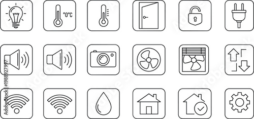 Smart home and automation icon set featuring temperature control security devices energy systems and IoT connectivity line symbols