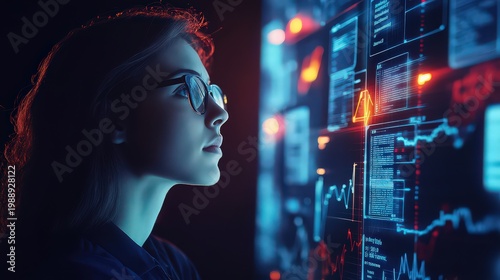 A woman in glasses looks at a futuristic digital screen with graphs and charts on transparent background