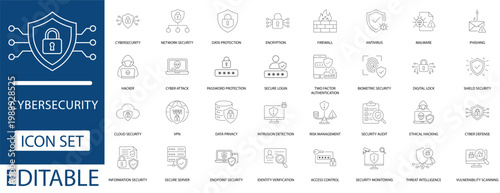 cybersecurity line icon set featuring network protection, data privacy, encryption, cloud security, ethical hacking, and threat intelligence for web and mobile UI design.