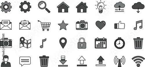 User interface and web icon set featuring navigation media communication settings cloud and file management symbols