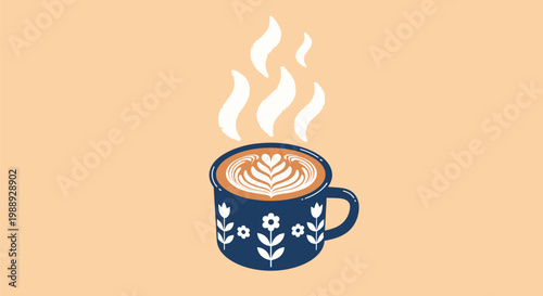 A steaming cup of coffee with latte art is depicted against a plain background.