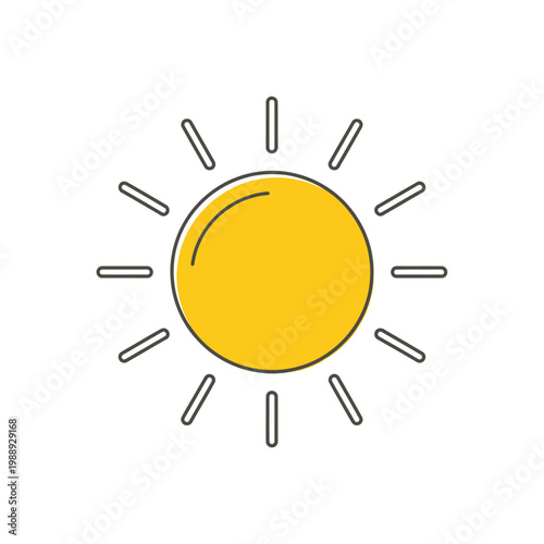 A stylized illustration of a bright yellow sun with rays on a white background.