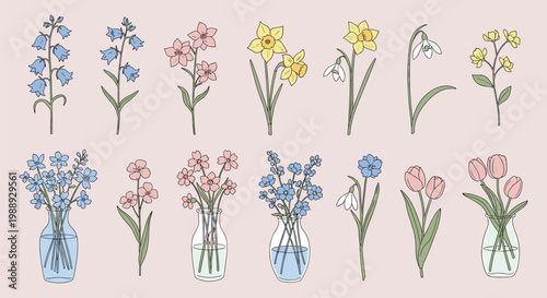 A charming illustration displays a variety of colorful spring flowers including daffodils tulips and delicate bluebells arranged beautifully high quality professional detailed modern