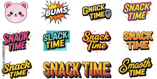 A vibrant collection of colorful cartoon stickers features playful phrases like snack time and slack time alongside a cute bear illustration high quality