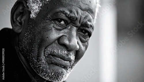 Close-up portrait of an elderly Black man with weathered skin and intense eyes, captured in a dramatic black and white photograph
