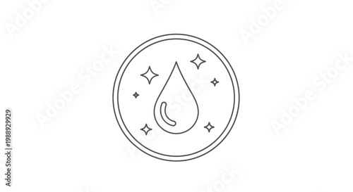 Water drop in a circle with sparkle icon on isolated white background.