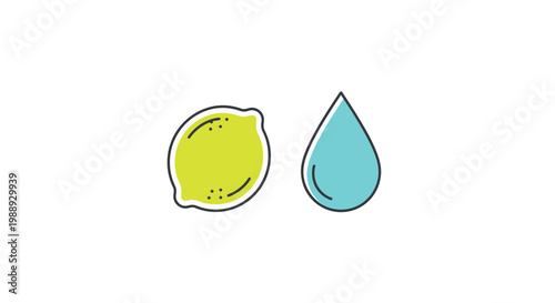 Green Lemon Fruit and Blue Liquid Drop Icons, Isolated White Background.