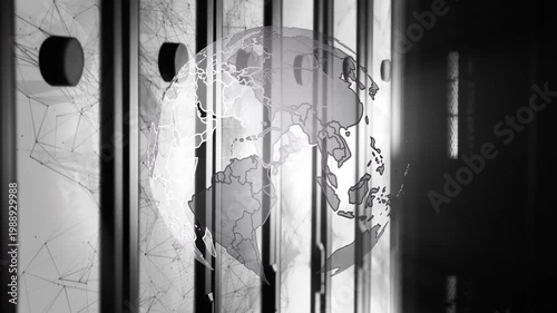 Globe fading in and rotating across metallic slats, revealing country borders for tech showcase