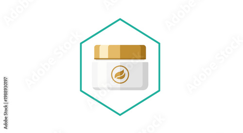 Natural Cosmetic Cream Jar with Leaf Icon in Hexagon Frame, isolated white background.