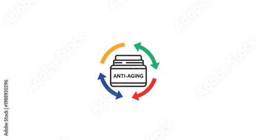 Anti-Aging Cosmetic Cream Jar Icon with Text and Colorful Recycling Arrows on Isolated White Background