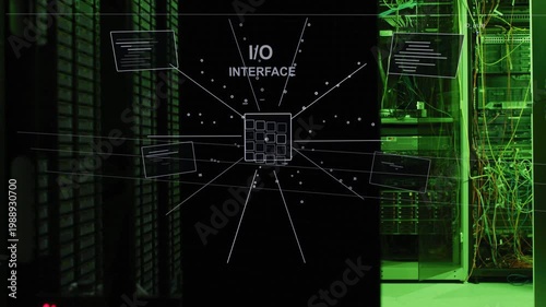 Animated I or O interface emerging from square, linking server racks and cables, visualizing network