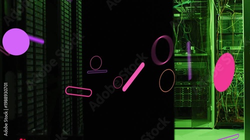 Purple oval popping in black band neon shapes popping sliding showing network flow over rack cables