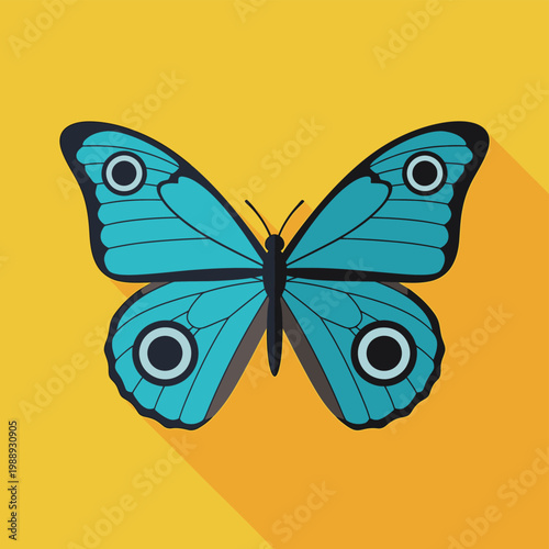 A flat design illustration of a blue butterfly against a yellow background.