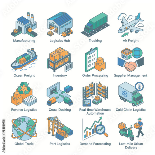 Supply chain management logistics icons.