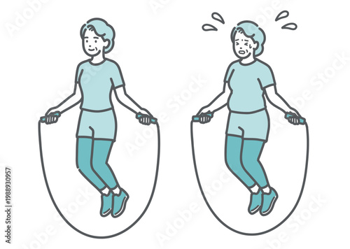 縄跳びをする標準体型とぽっちゃり体型のシニア女性の比較セットイラスト