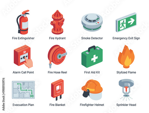 Fire safety equipment and emergency response icons.