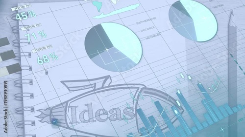 Camera panning across notebook, charts rising and visualizing business ideas on rocket sketch